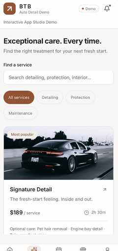 BTB Auto Detail Demo services screen