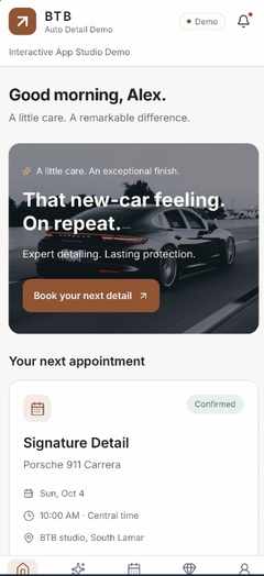 BTB Auto Detail Demo home and booking screen